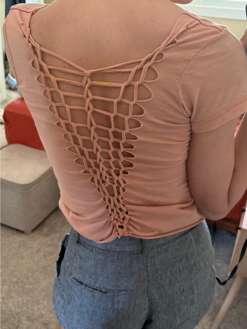 RVCA Peach Short-Sleeve Top with Macramé Open back and printed front